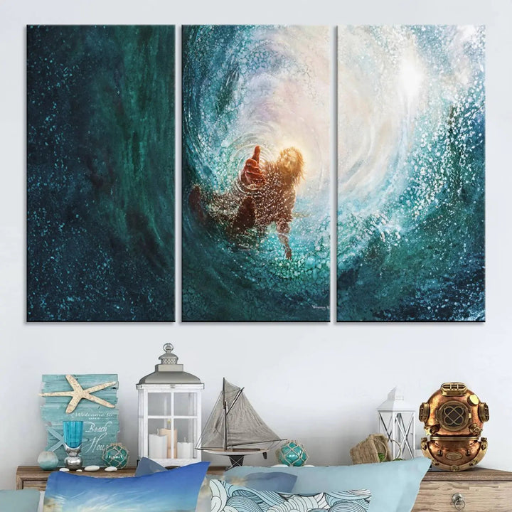 A triptych canvas print featuring the "Powerful Jesus" design titled "Hand of Salvation" offers an inspirational piece for home or religious spaces.