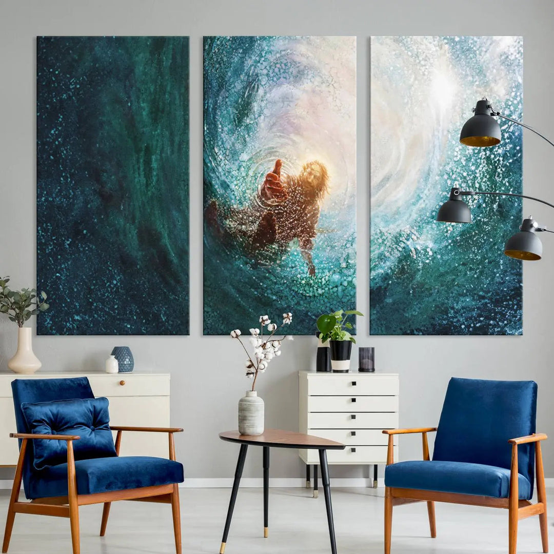 A triptych canvas print featuring the "Powerful Jesus" design titled "Hand of Salvation" offers an inspirational piece for home or religious spaces.