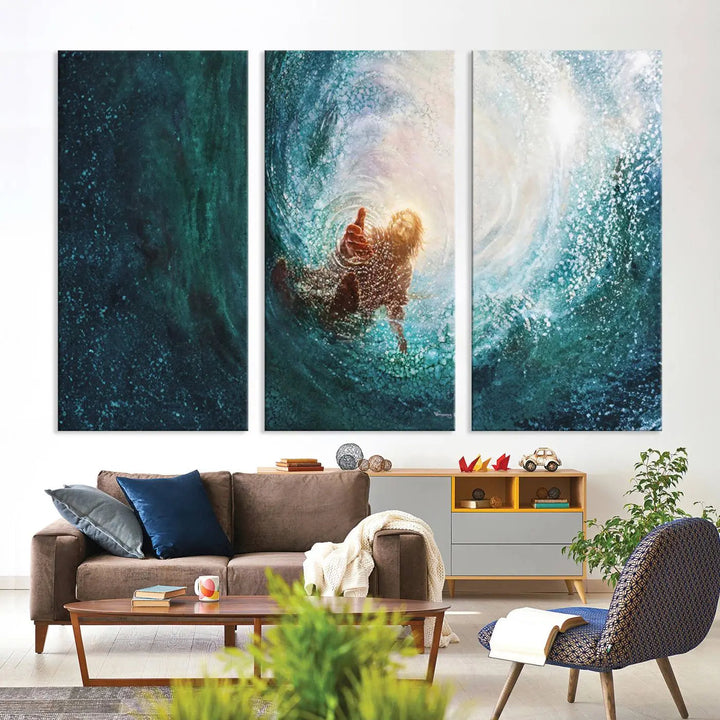 A triptych canvas print featuring the "Powerful Jesus" design titled "Hand of Salvation" offers an inspirational piece for home or religious spaces.