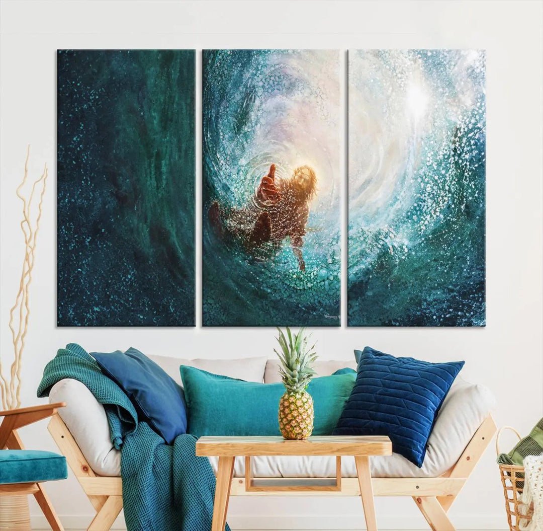 A triptych canvas print featuring the "Powerful Jesus" design titled "Hand of Salvation" offers an inspirational piece for home or religious spaces.