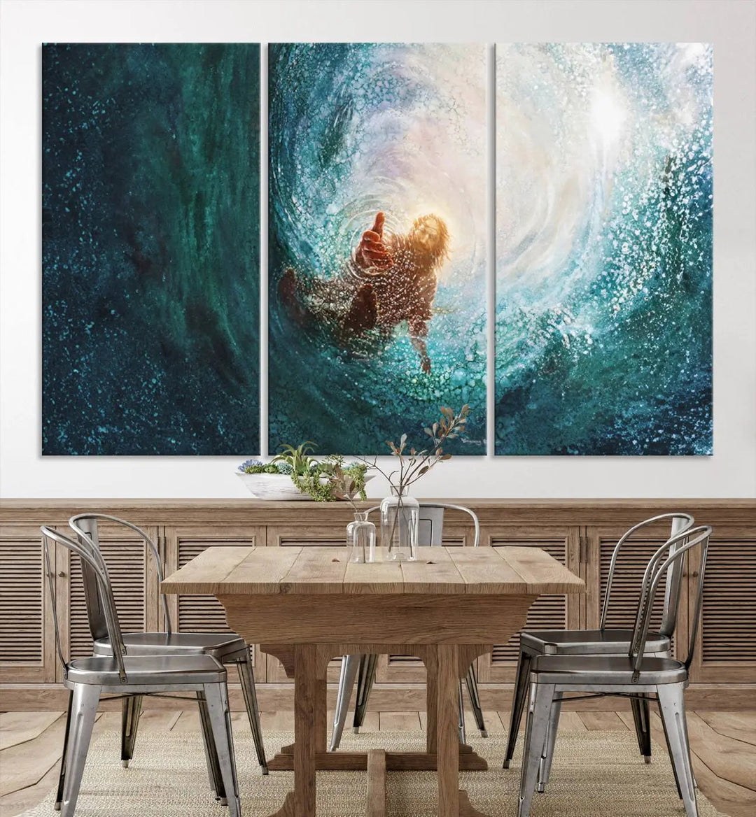 A triptych canvas print featuring the "Powerful Jesus" design titled "Hand of Salvation" offers an inspirational piece for home or religious spaces.