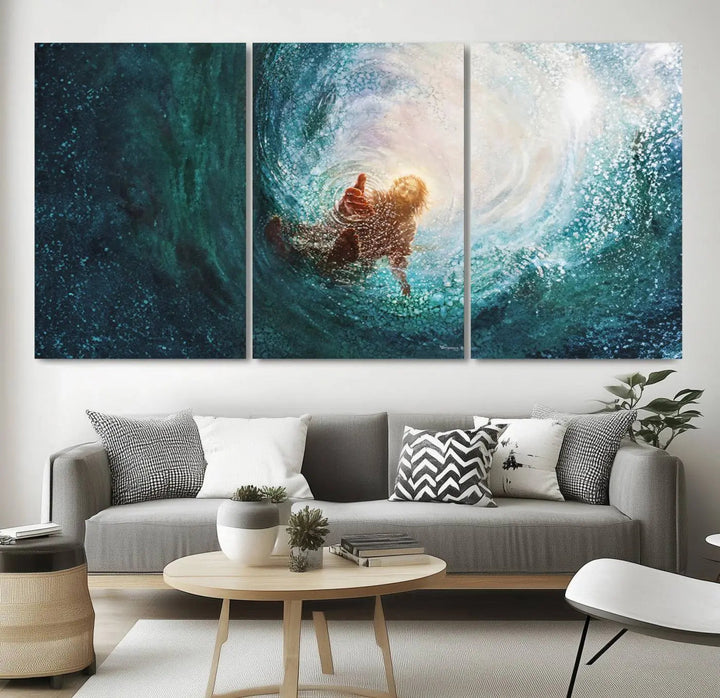 A triptych canvas print featuring the "Powerful Jesus" design titled "Hand of Salvation" offers an inspirational piece for home or religious spaces.