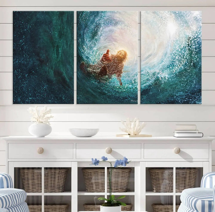 A triptych canvas print featuring the "Powerful Jesus" design titled "Hand of Salvation" offers an inspirational piece for home or religious spaces.