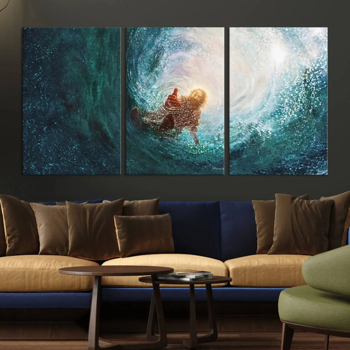 A triptych canvas print featuring the "Powerful Jesus" design titled "Hand of Salvation" offers an inspirational piece for home or religious spaces.