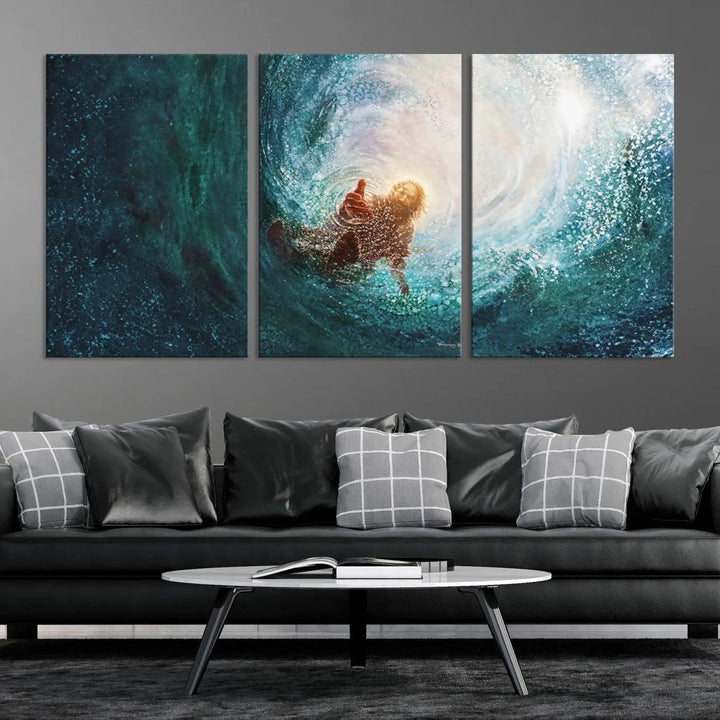 A triptych canvas print featuring the "Powerful Jesus" design titled "Hand of Salvation" offers an inspirational piece for home or religious spaces.