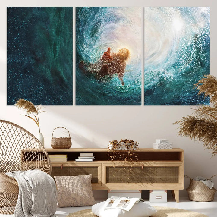 A triptych canvas print featuring the "Powerful Jesus" design titled "Hand of Salvation" offers an inspirational piece for home or religious spaces.