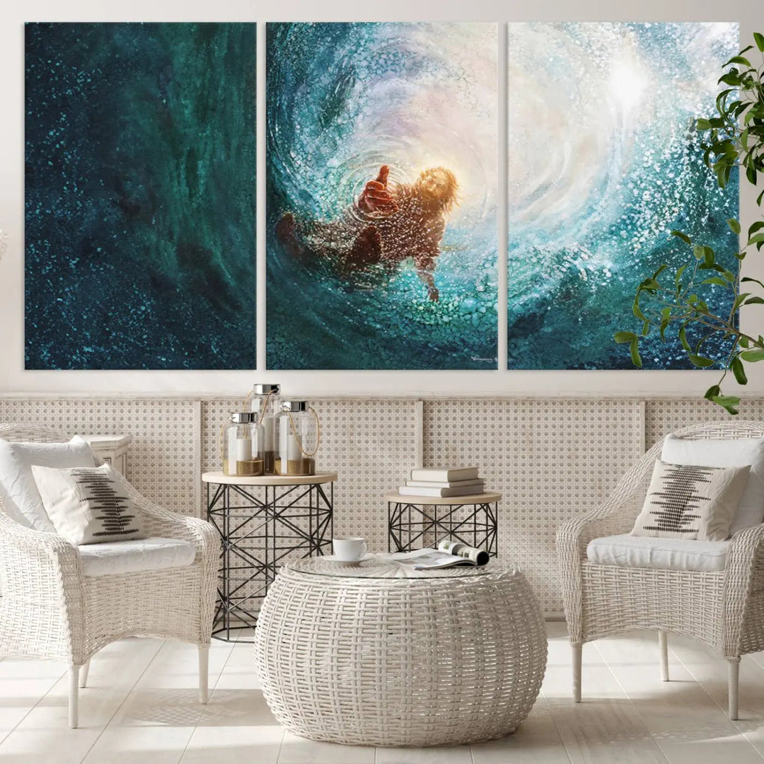 A triptych canvas print featuring the "Powerful Jesus" design titled "Hand of Salvation" offers an inspirational piece for home or religious spaces.