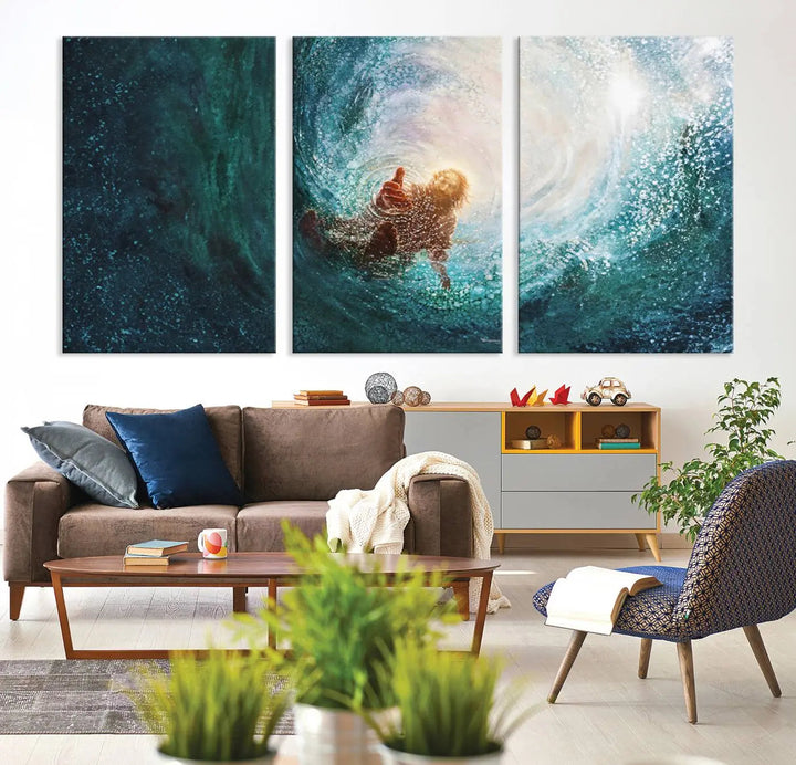 A triptych canvas print featuring the "Powerful Jesus" design titled "Hand of Salvation" offers an inspirational piece for home or religious spaces.