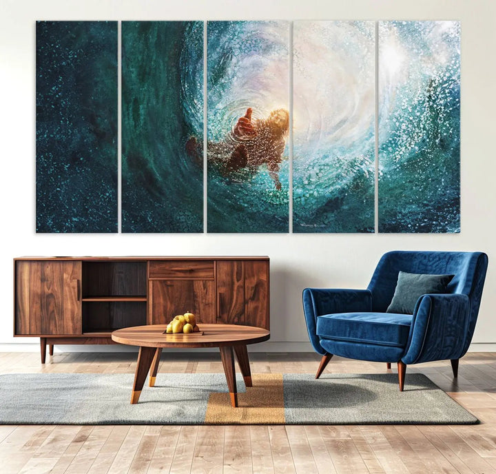 A triptych canvas print featuring the "Powerful Jesus" design titled "Hand of Salvation" offers an inspirational piece for home or religious spaces.