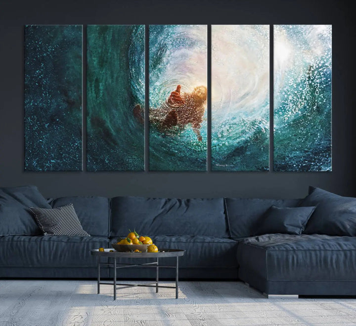 A triptych canvas print featuring the "Powerful Jesus" design titled "Hand of Salvation" offers an inspirational piece for home or religious spaces.