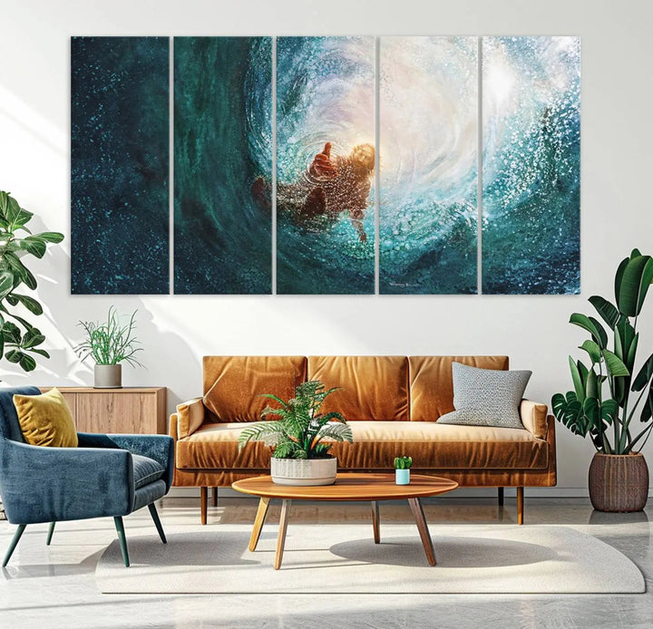 A triptych canvas print featuring the "Powerful Jesus" design titled "Hand of Salvation" offers an inspirational piece for home or religious spaces.