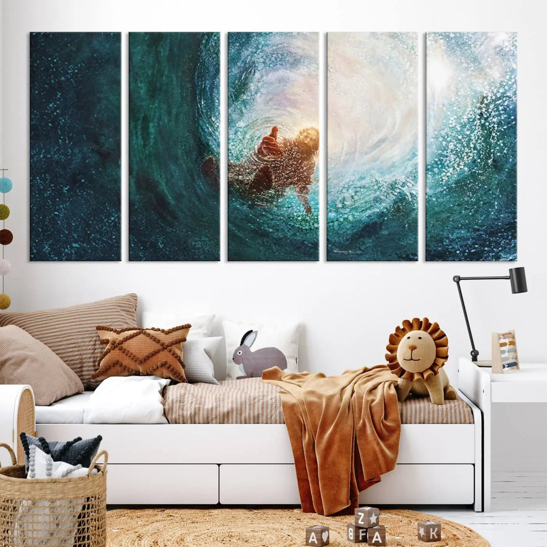 A triptych canvas print featuring the "Powerful Jesus" design titled "Hand of Salvation" offers an inspirational piece for home or religious spaces.