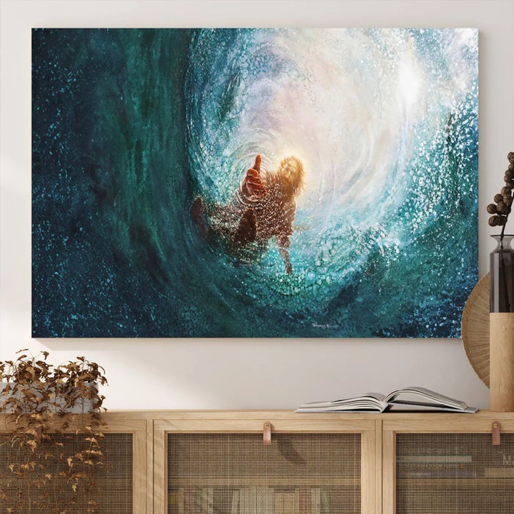 A triptych canvas print featuring the "Powerful Jesus" design titled "Hand of Salvation" offers an inspirational piece for home or religious spaces.