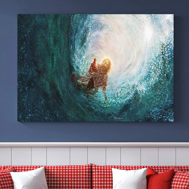 A triptych canvas print featuring the "Powerful Jesus" design titled "Hand of Salvation" offers an inspirational piece for home or religious spaces.