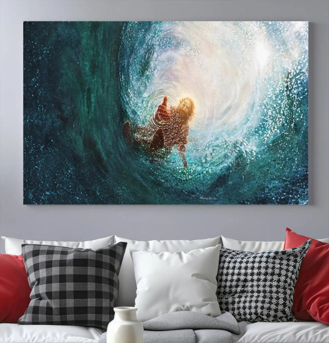 A triptych canvas print featuring the "Powerful Jesus" design titled "Hand of Salvation" offers an inspirational piece for home or religious spaces.