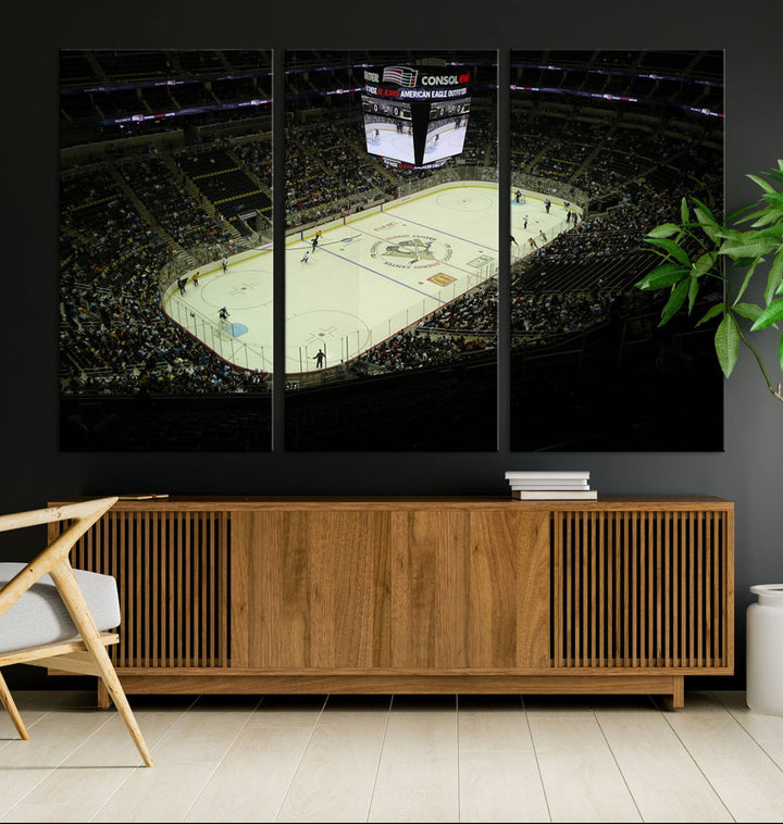 This museum-quality canvas captures a stunning aerial view of an ice hockey game at the PPG Paints Arena, home of the Pittsburgh Penguins in Pennsylvania. The artwork features a well-lit arena with a digital scoreboard above the rink, delivered in high-resolution printing and ready to hang.