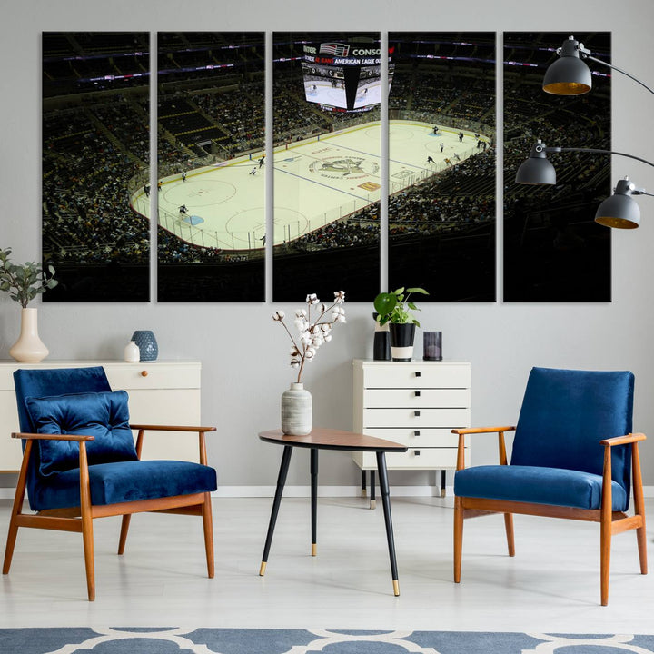 This museum-quality canvas captures a stunning aerial view of an ice hockey game at the PPG Paints Arena, home of the Pittsburgh Penguins in Pennsylvania. The artwork features a well-lit arena with a digital scoreboard above the rink, delivered in high-resolution printing and ready to hang.