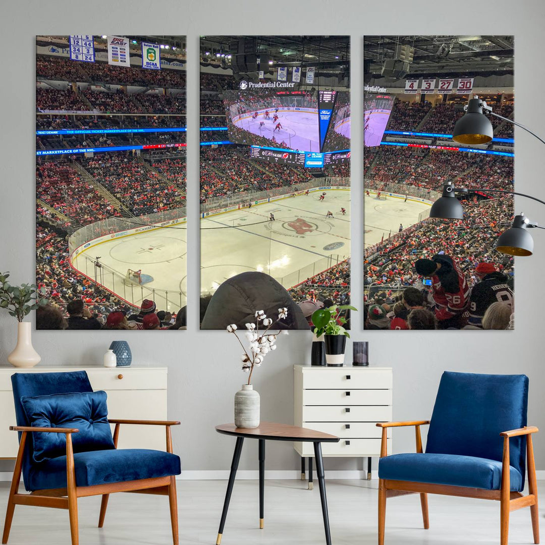 A living room showcases the Prudential Center Newark New Jersey Devils Hockey Stadium Wall Art Canvas Print, a large three-panel artwork depicting a packed hockey arena on museum-quality canvas.