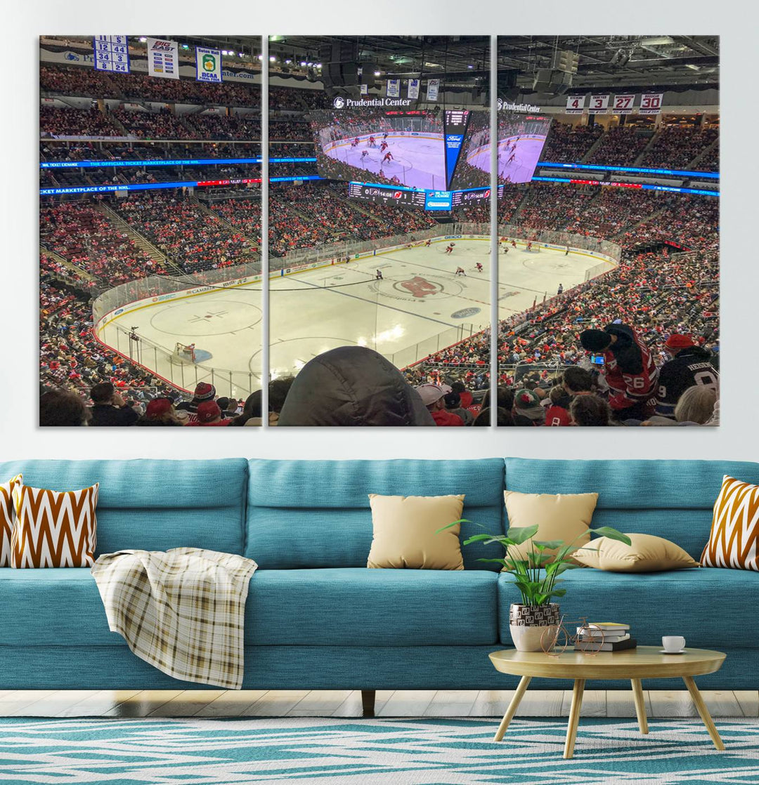 A living room showcases the Prudential Center Newark New Jersey Devils Hockey Stadium Wall Art Canvas Print, a large three-panel artwork depicting a packed hockey arena on museum-quality canvas.