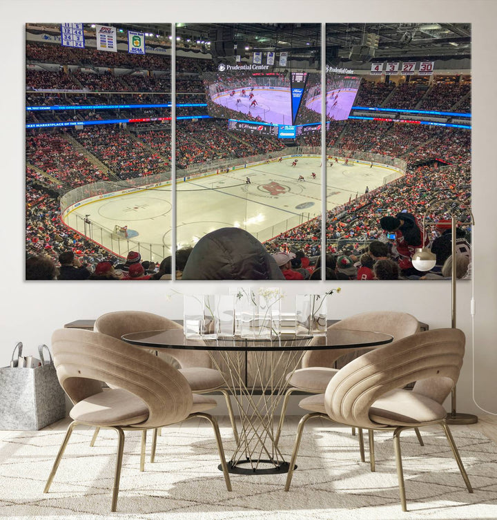 A living room showcases the Prudential Center Newark New Jersey Devils Hockey Stadium Wall Art Canvas Print, a large three-panel artwork depicting a packed hockey arena on museum-quality canvas.