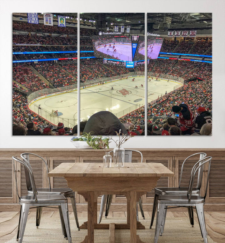 A living room showcases the Prudential Center Newark New Jersey Devils Hockey Stadium Wall Art Canvas Print, a large three-panel artwork depicting a packed hockey arena on museum-quality canvas.