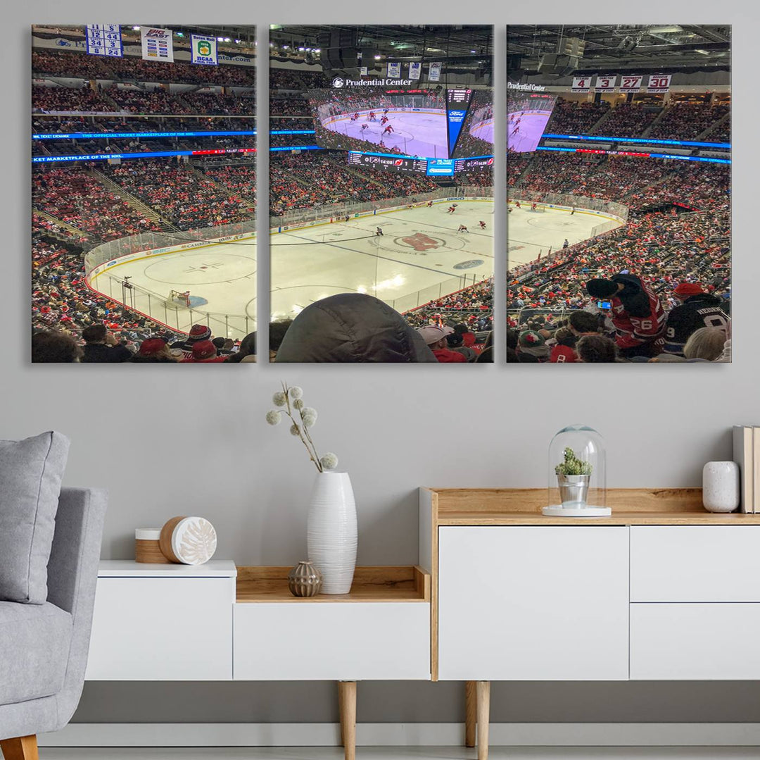 A living room showcases the Prudential Center Newark New Jersey Devils Hockey Stadium Wall Art Canvas Print, a large three-panel artwork depicting a packed hockey arena on museum-quality canvas.