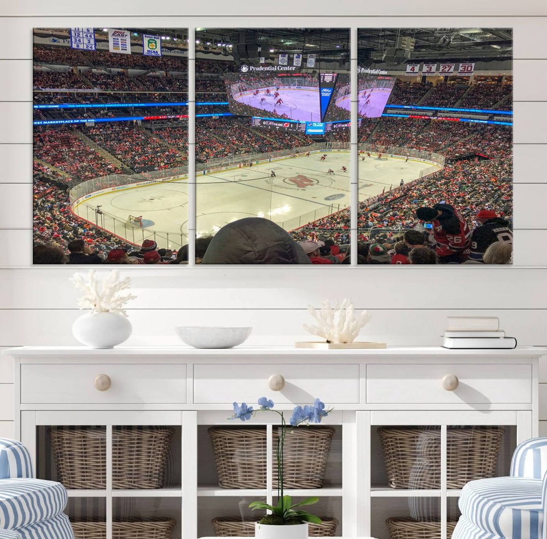 A living room showcases the Prudential Center Newark New Jersey Devils Hockey Stadium Wall Art Canvas Print, a large three-panel artwork depicting a packed hockey arena on museum-quality canvas.