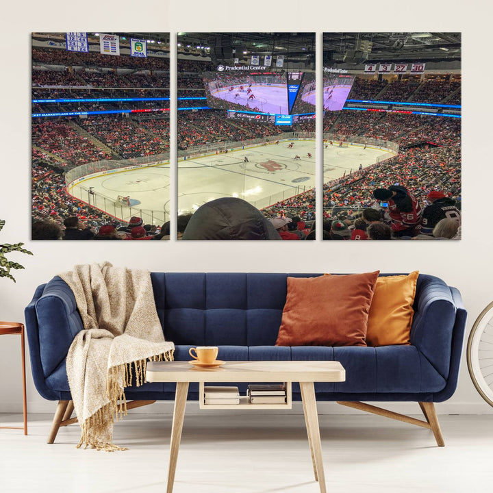 A living room showcases the Prudential Center Newark New Jersey Devils Hockey Stadium Wall Art Canvas Print, a large three-panel artwork depicting a packed hockey arena on museum-quality canvas.