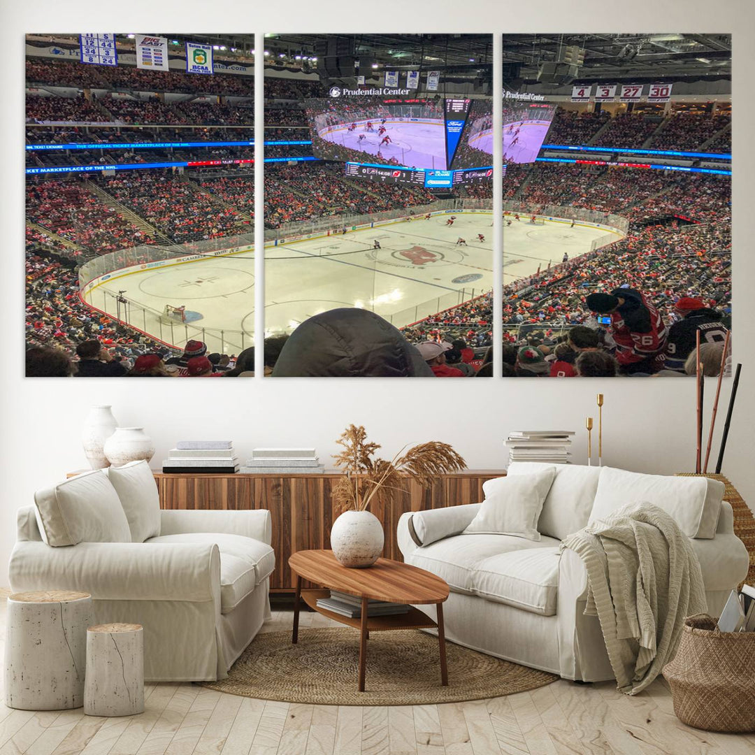 A living room showcases the Prudential Center Newark New Jersey Devils Hockey Stadium Wall Art Canvas Print, a large three-panel artwork depicting a packed hockey arena on museum-quality canvas.