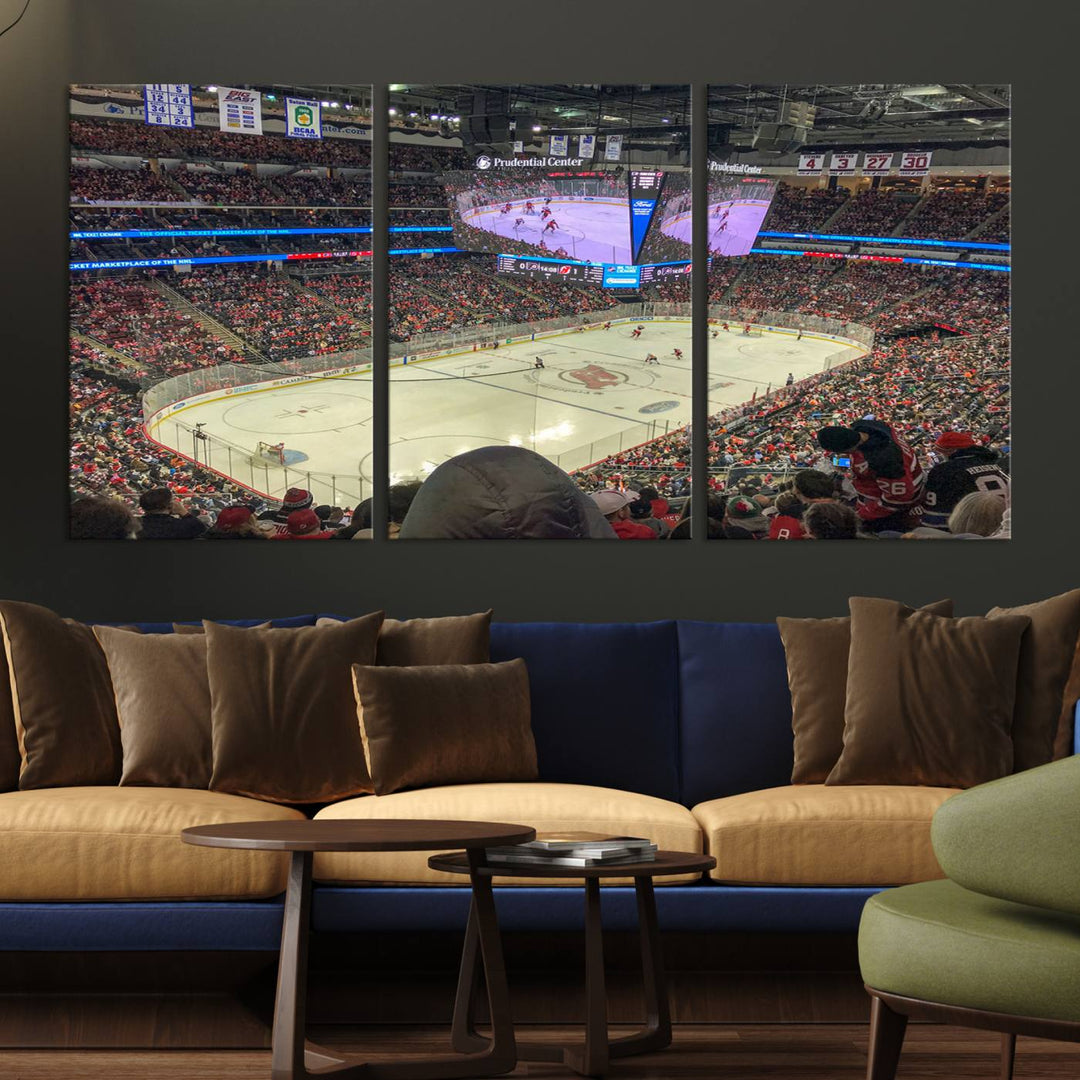 A living room showcases the Prudential Center Newark New Jersey Devils Hockey Stadium Wall Art Canvas Print, a large three-panel artwork depicting a packed hockey arena on museum-quality canvas.