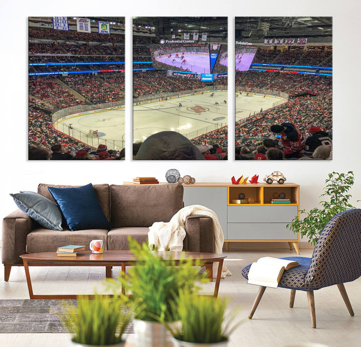 A living room showcases the Prudential Center Newark New Jersey Devils Hockey Stadium Wall Art Canvas Print, a large three-panel artwork depicting a packed hockey arena on museum-quality canvas.