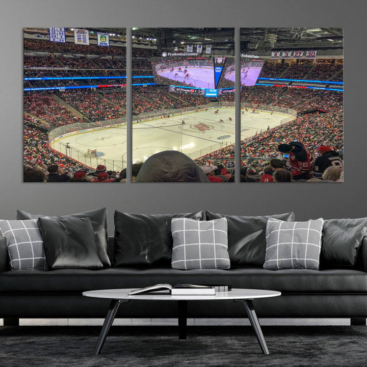 A living room showcases the Prudential Center Newark New Jersey Devils Hockey Stadium Wall Art Canvas Print, a large three-panel artwork depicting a packed hockey arena on museum-quality canvas.