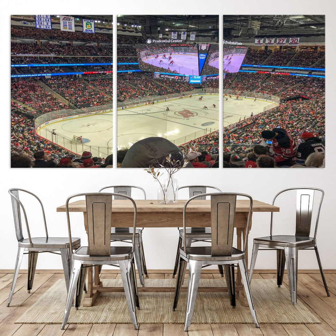 A living room showcases the Prudential Center Newark New Jersey Devils Hockey Stadium Wall Art Canvas Print, a large three-panel artwork depicting a packed hockey arena on museum-quality canvas.