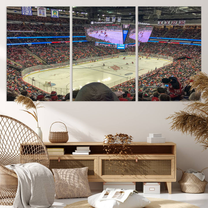 A living room showcases the Prudential Center Newark New Jersey Devils Hockey Stadium Wall Art Canvas Print, a large three-panel artwork depicting a packed hockey arena on museum-quality canvas.