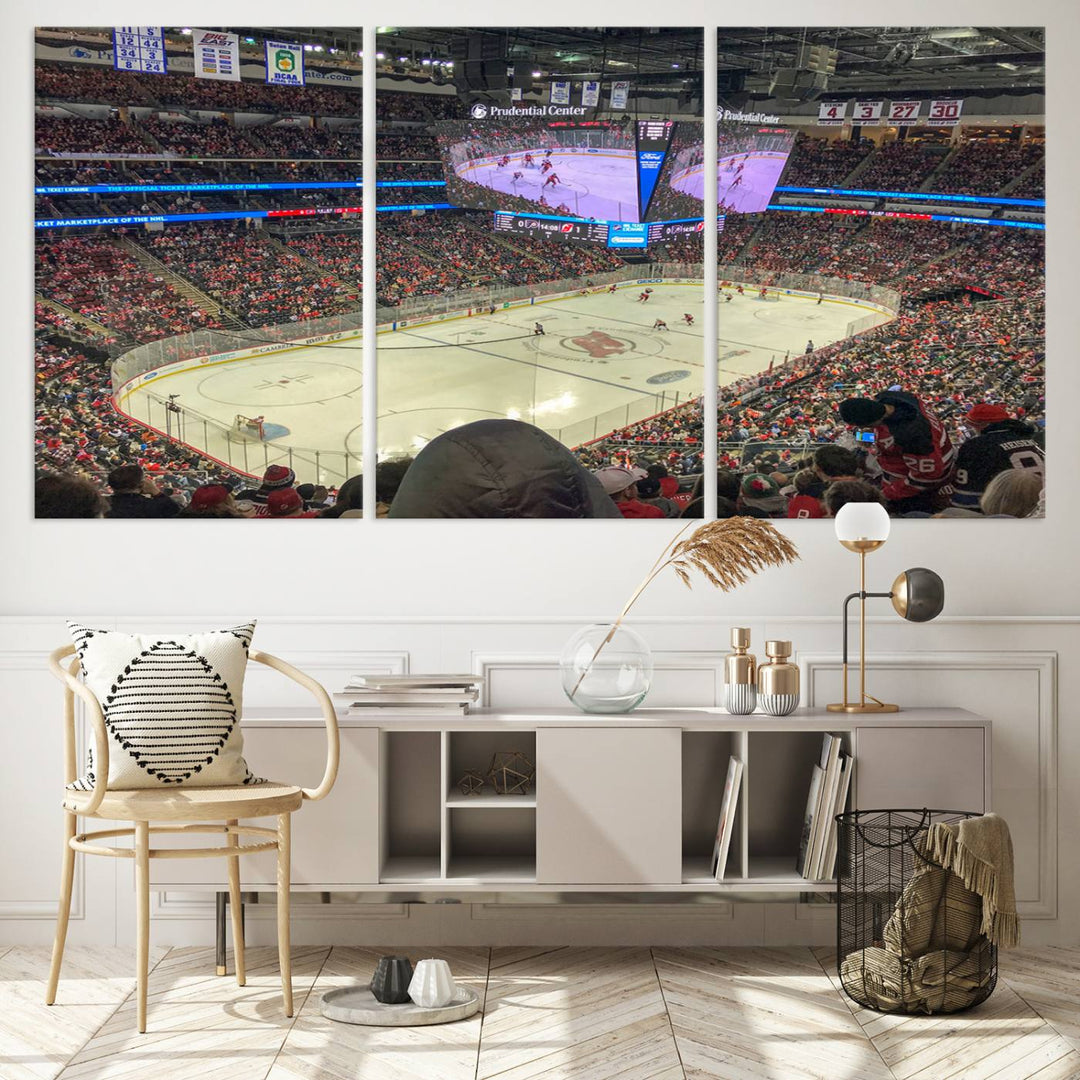 A living room showcases the Prudential Center Newark New Jersey Devils Hockey Stadium Wall Art Canvas Print, a large three-panel artwork depicting a packed hockey arena on museum-quality canvas.