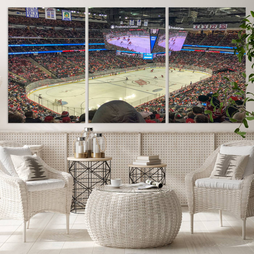 A living room showcases the Prudential Center Newark New Jersey Devils Hockey Stadium Wall Art Canvas Print, a large three-panel artwork depicting a packed hockey arena on museum-quality canvas.