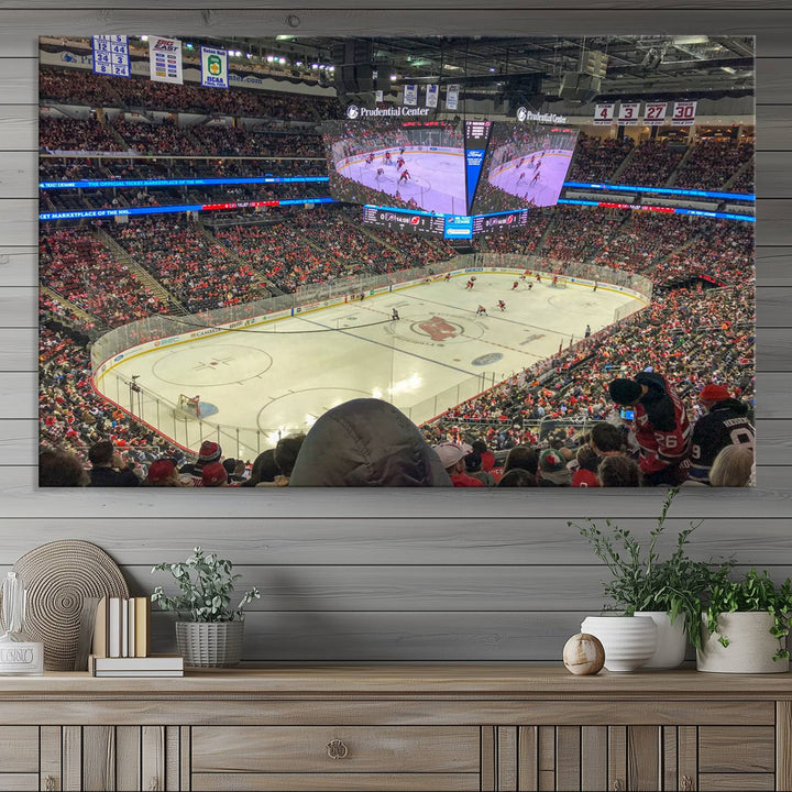 A living room showcases the Prudential Center Newark New Jersey Devils Hockey Stadium Wall Art Canvas Print, a large three-panel artwork depicting a packed hockey arena on museum-quality canvas.