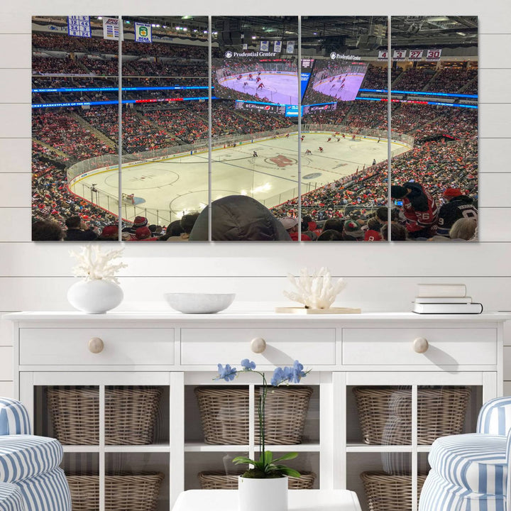 A living room showcases the Prudential Center Newark New Jersey Devils Hockey Stadium Wall Art Canvas Print, a large three-panel artwork depicting a packed hockey arena on museum-quality canvas.