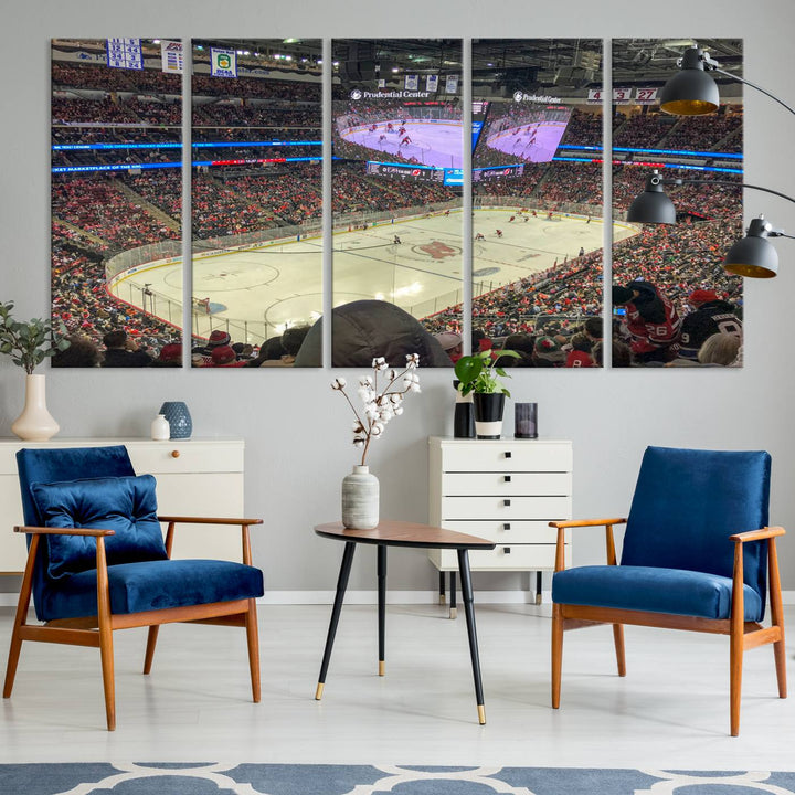 A living room showcases the Prudential Center Newark New Jersey Devils Hockey Stadium Wall Art Canvas Print, a large three-panel artwork depicting a packed hockey arena on museum-quality canvas.