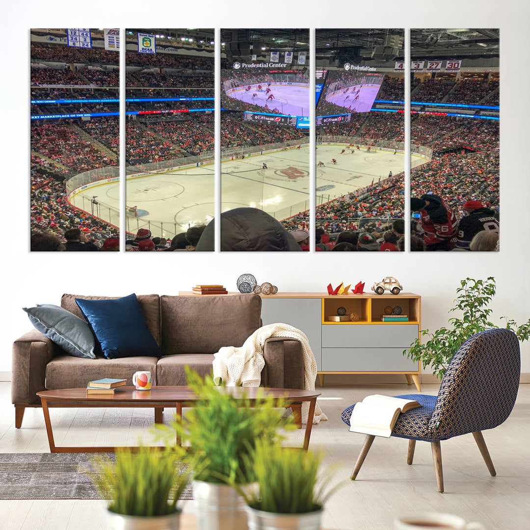 A living room showcases the Prudential Center Newark New Jersey Devils Hockey Stadium Wall Art Canvas Print, a large three-panel artwork depicting a packed hockey arena on museum-quality canvas.