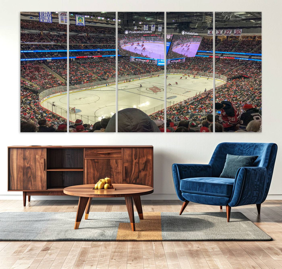 A living room showcases the Prudential Center Newark New Jersey Devils Hockey Stadium Wall Art Canvas Print, a large three-panel artwork depicting a packed hockey arena on museum-quality canvas.