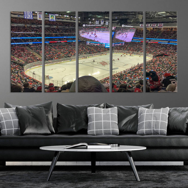 A living room showcases the Prudential Center Newark New Jersey Devils Hockey Stadium Wall Art Canvas Print, a large three-panel artwork depicting a packed hockey arena on museum-quality canvas.