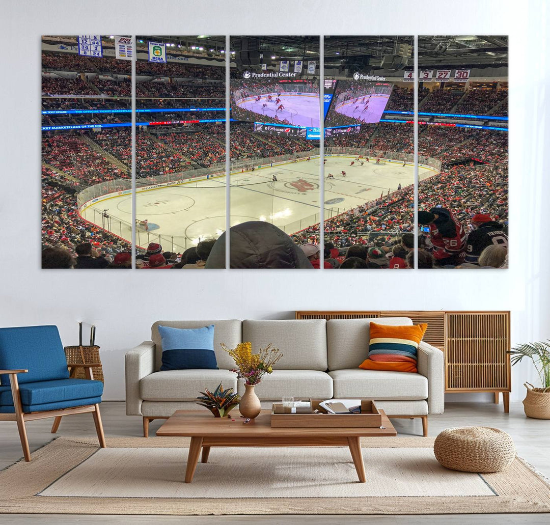 A living room showcases the Prudential Center Newark New Jersey Devils Hockey Stadium Wall Art Canvas Print, a large three-panel artwork depicting a packed hockey arena on museum-quality canvas.