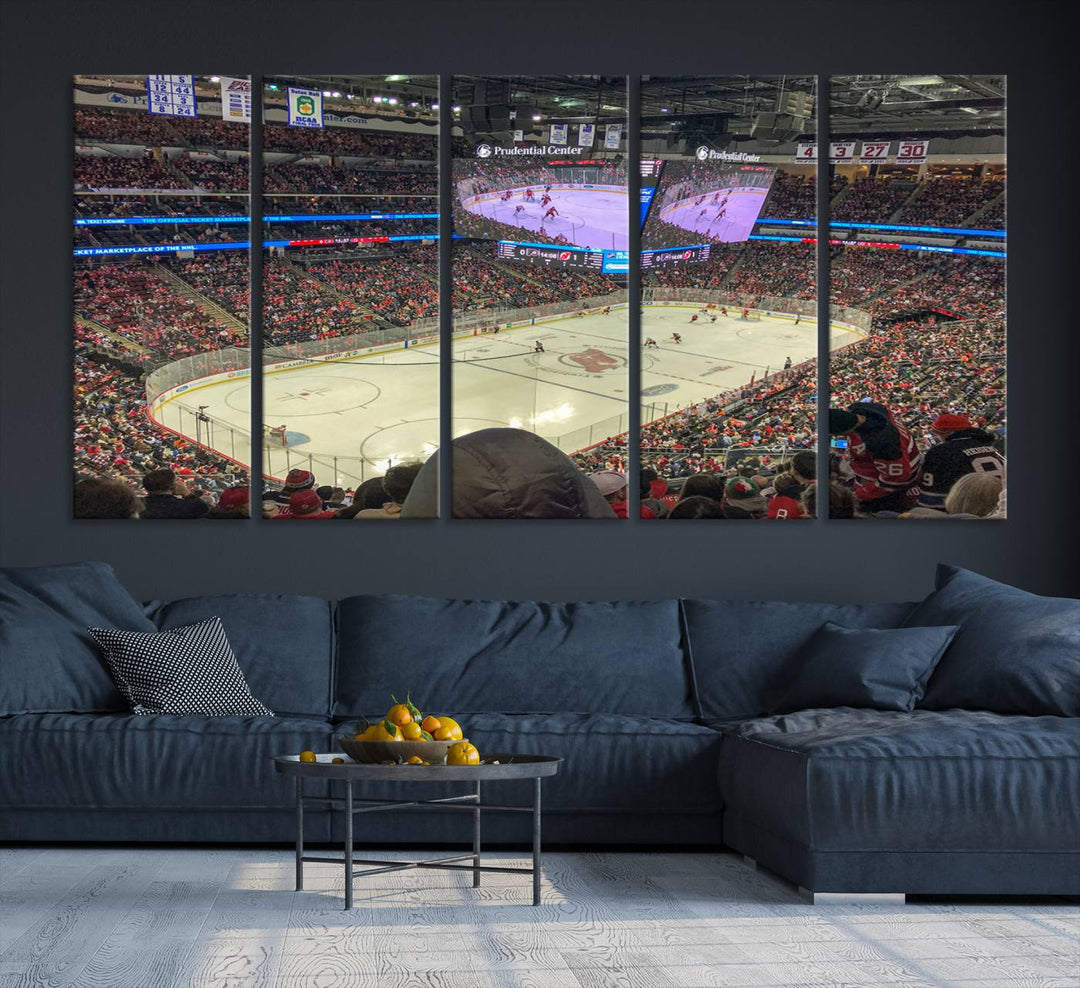 A living room showcases the Prudential Center Newark New Jersey Devils Hockey Stadium Wall Art Canvas Print, a large three-panel artwork depicting a packed hockey arena on museum-quality canvas.