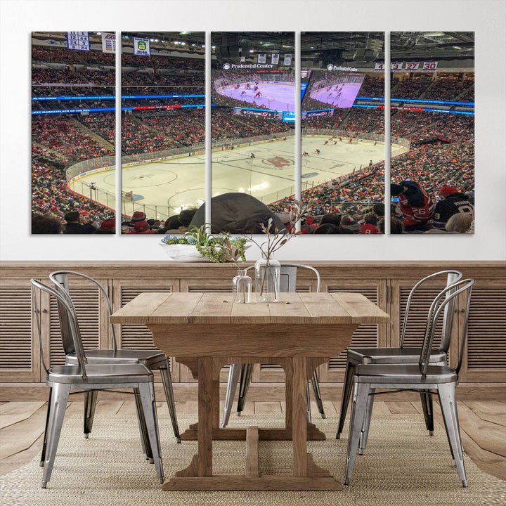 A living room showcases the Prudential Center Newark New Jersey Devils Hockey Stadium Wall Art Canvas Print, a large three-panel artwork depicting a packed hockey arena on museum-quality canvas.