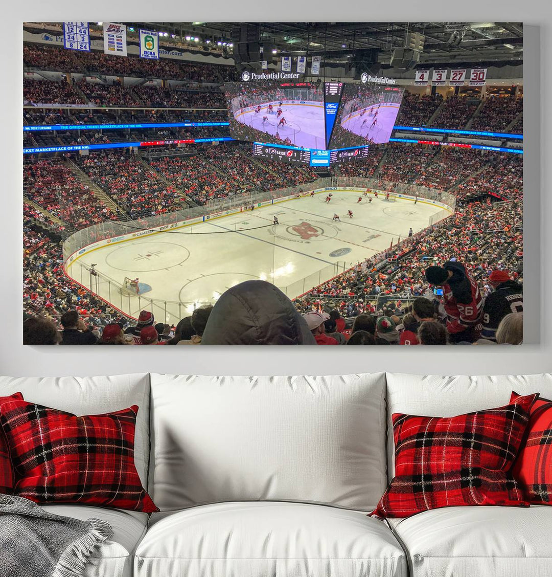 A living room showcases the Prudential Center Newark New Jersey Devils Hockey Stadium Wall Art Canvas Print, a large three-panel artwork depicting a packed hockey arena on museum-quality canvas.