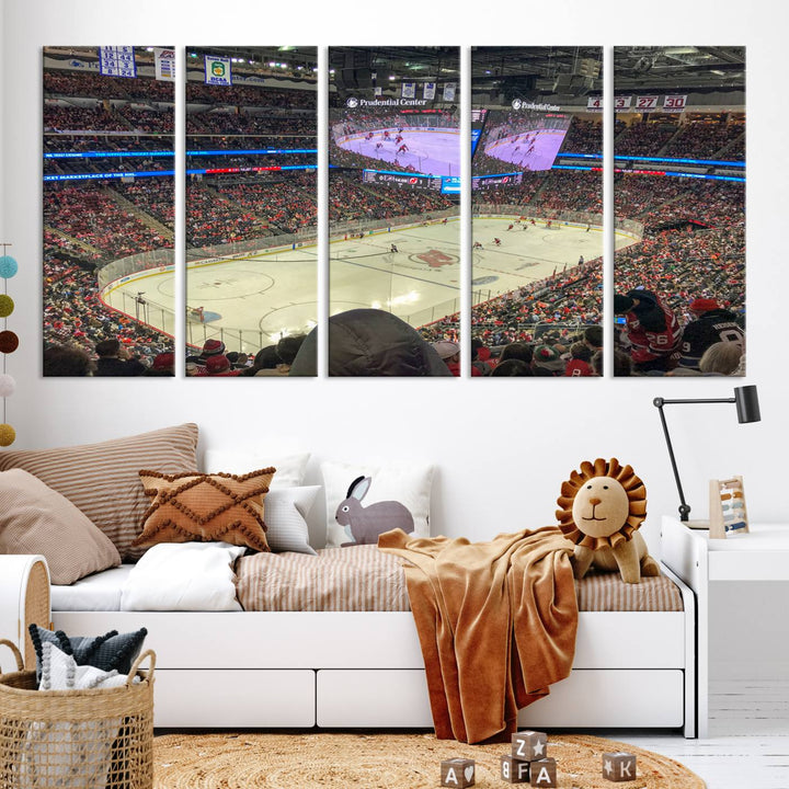 A living room showcases the Prudential Center Newark New Jersey Devils Hockey Stadium Wall Art Canvas Print, a large three-panel artwork depicting a packed hockey arena on museum-quality canvas.