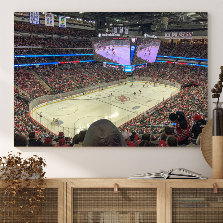 A living room showcases the Prudential Center Newark New Jersey Devils Hockey Stadium Wall Art Canvas Print, a large three-panel artwork depicting a packed hockey arena on museum-quality canvas.