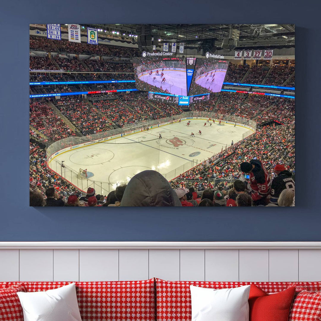 A living room showcases the Prudential Center Newark New Jersey Devils Hockey Stadium Wall Art Canvas Print, a large three-panel artwork depicting a packed hockey arena on museum-quality canvas.