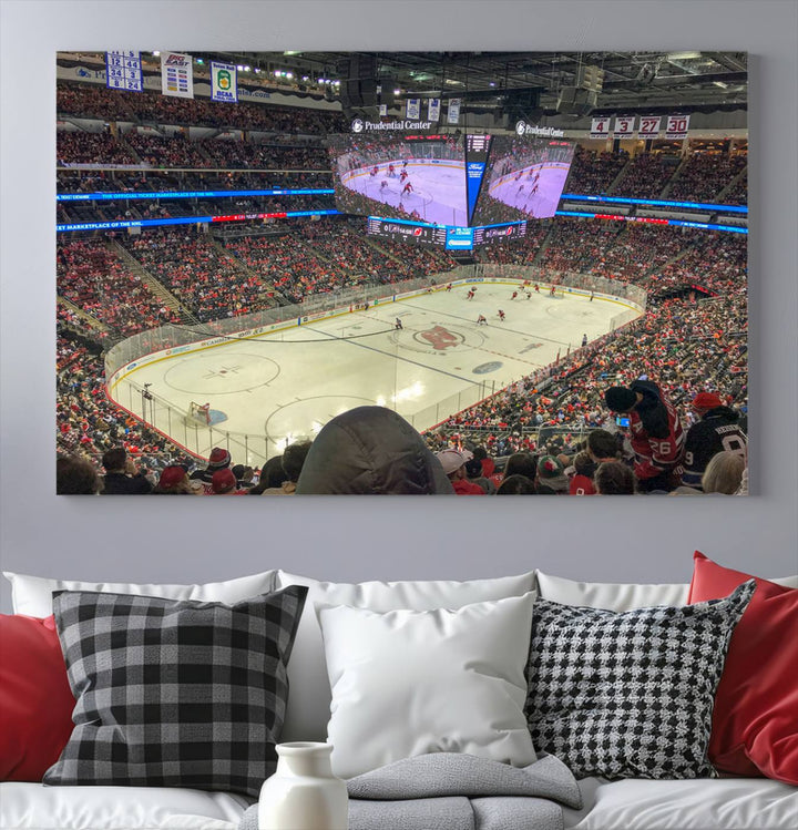 A living room showcases the Prudential Center Newark New Jersey Devils Hockey Stadium Wall Art Canvas Print, a large three-panel artwork depicting a packed hockey arena on museum-quality canvas.